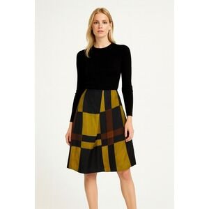 Marni Chartreuse Black Color‎ Block Plaid Silk Wool Pleated Skirt IT 38 US 2